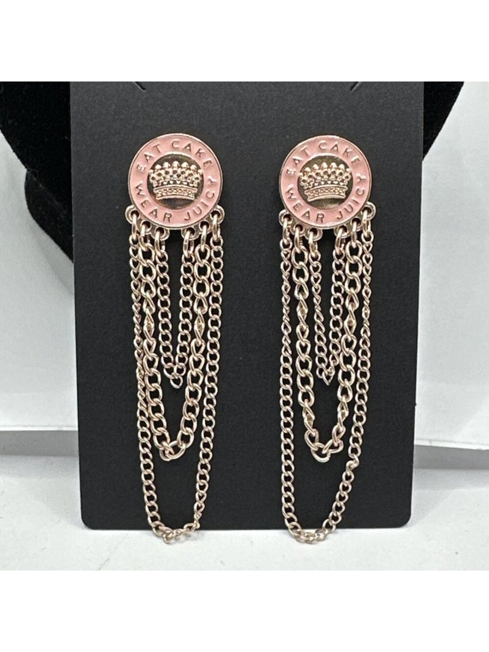 jucey  couture eat cake wear juicy earrings gold tone chain pink enamel